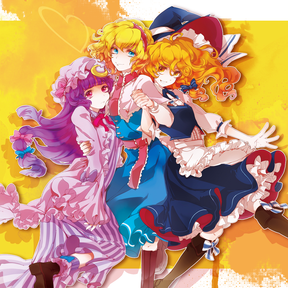 alice_margatroid arm_around_waist bad_id bad_pixiv_id blonde_hair blue_eyes boots bow capelet crescent grin hair_bow hat holding_hands hug interlocked_fingers kirisame_marisa looking_at_viewer multiple_girls patchouli_knowledge purple_eyes purple_hair short_hair simple_background smile touhou witch_hat yellow_eyes yukizen
