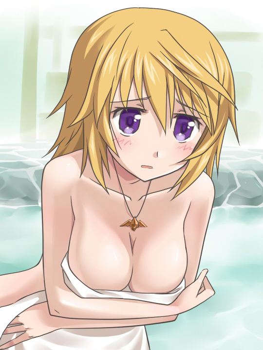 blonde_hair breasts charlotte_dunois cleavage infinite_stratos jewelry large_breasts long_hair naked_towel pendant purple_eyes shimamura_miwa solo towel