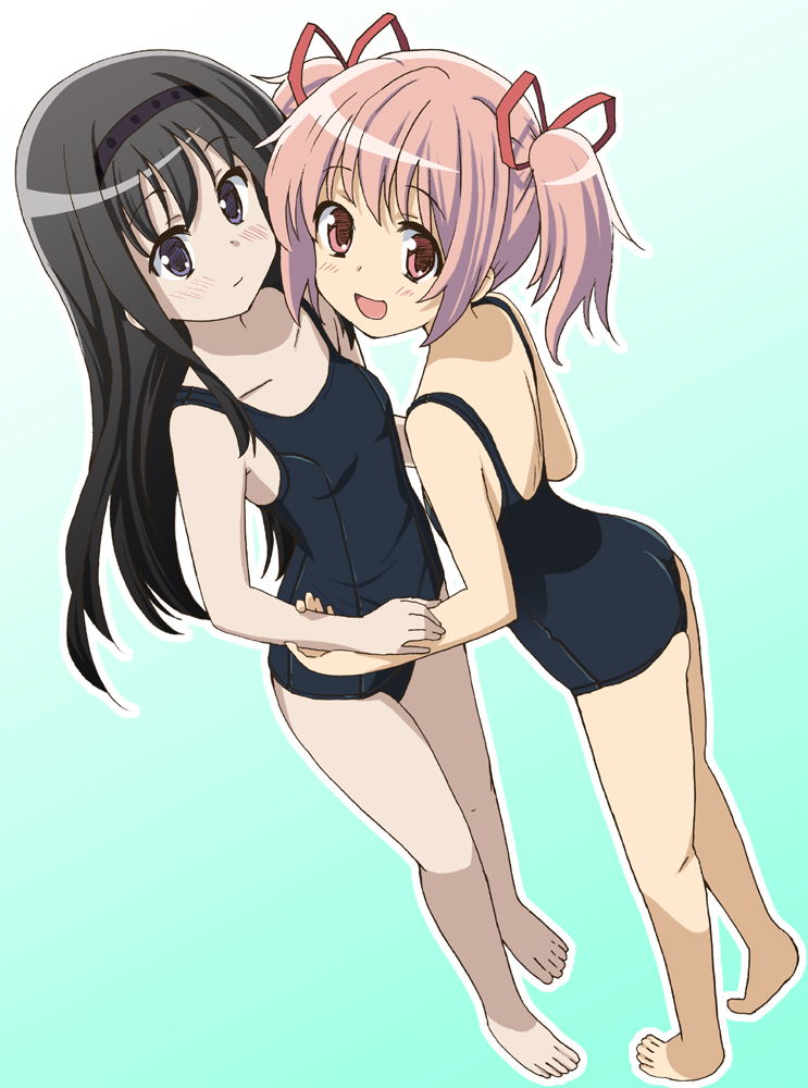 :d akemi_homura alternate_costume backless_outfit bare_back bare_legs bare_shoulders barefoot from_above hairband holding_hands homing_(areya) kaname_madoka long_hair mahou_shoujo_madoka_magica multiple_girls one-piece_swimsuit open_mouth pink_eyes pink_hair purple_eyes school_swimsuit short_hair simple_background smile swimsuit twintails