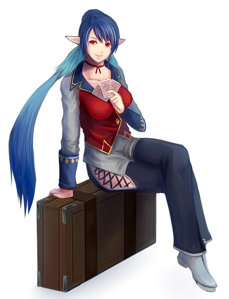 alternate_costume briefcase card cards choker judith pants pointy_ears ponytail red_eyes shirt smile tales_of_(series) tales_of_vesperia waistcoat