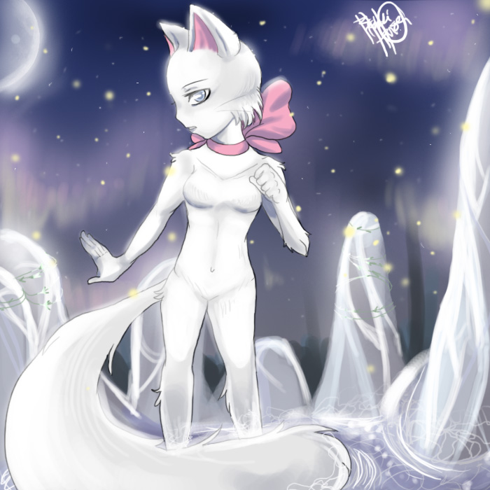 anthro blue_eyes bow cat feline female fur ice invalid_tag mammal moon solo standing tail tigara_chan webcomic white white_fur