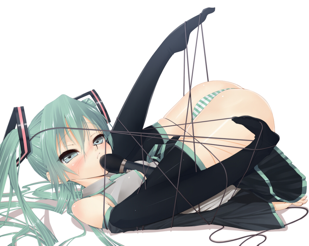 aqua_eyes aqua_hair bdsm blush bondage bound cable detached_sleeves entangled hatsune_miku long_hair lying microphone panties sentoiro simple_background skirt solo striped striped_panties thighhighs top-down_bottom-up twintails underwear vocaloid