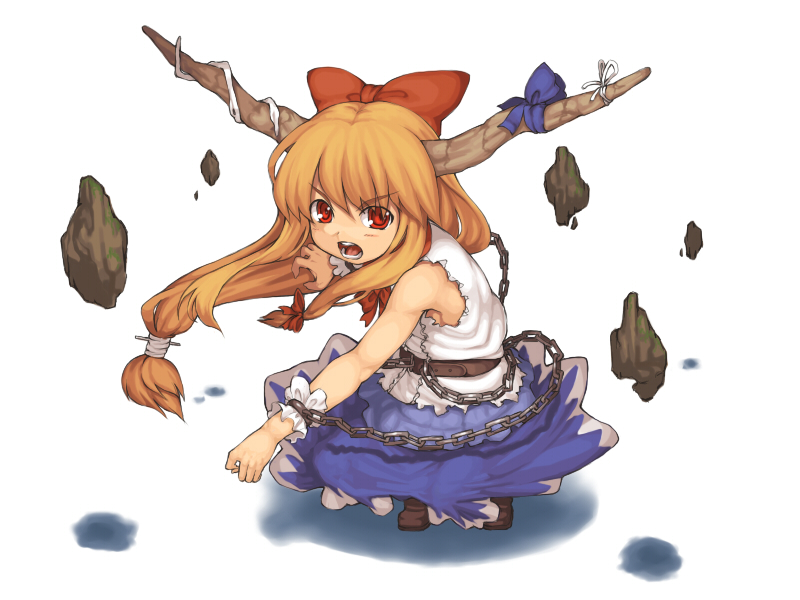 angry bow brown_hair chain hair_bow horns ibuki_suika long_hair open_mouth red_eyes sajipen simple_background skirt solo touhou