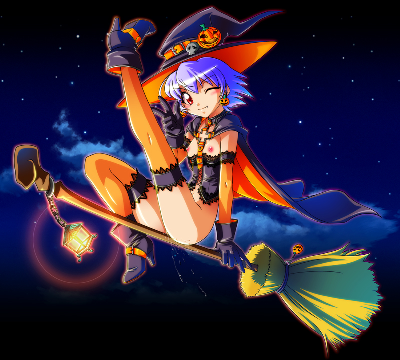 blue_hair bottomless broomriding neko_coon nopan pumpkin pussy_juice small_breasts wet_pussy witch_hat