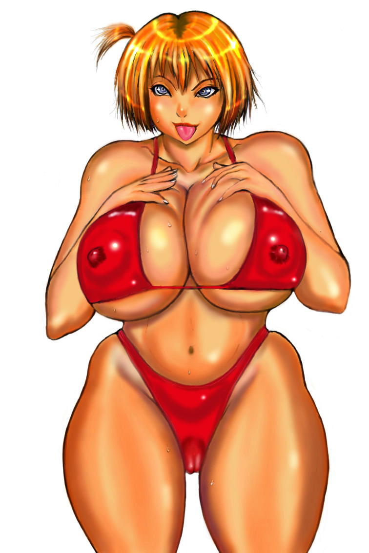 :p akatsuki_giken bikini blue_eyes breasts cameltoe cleavage erect_nipples huge_breasts naughty_face orange_hair swimsuit tongue tongue_out