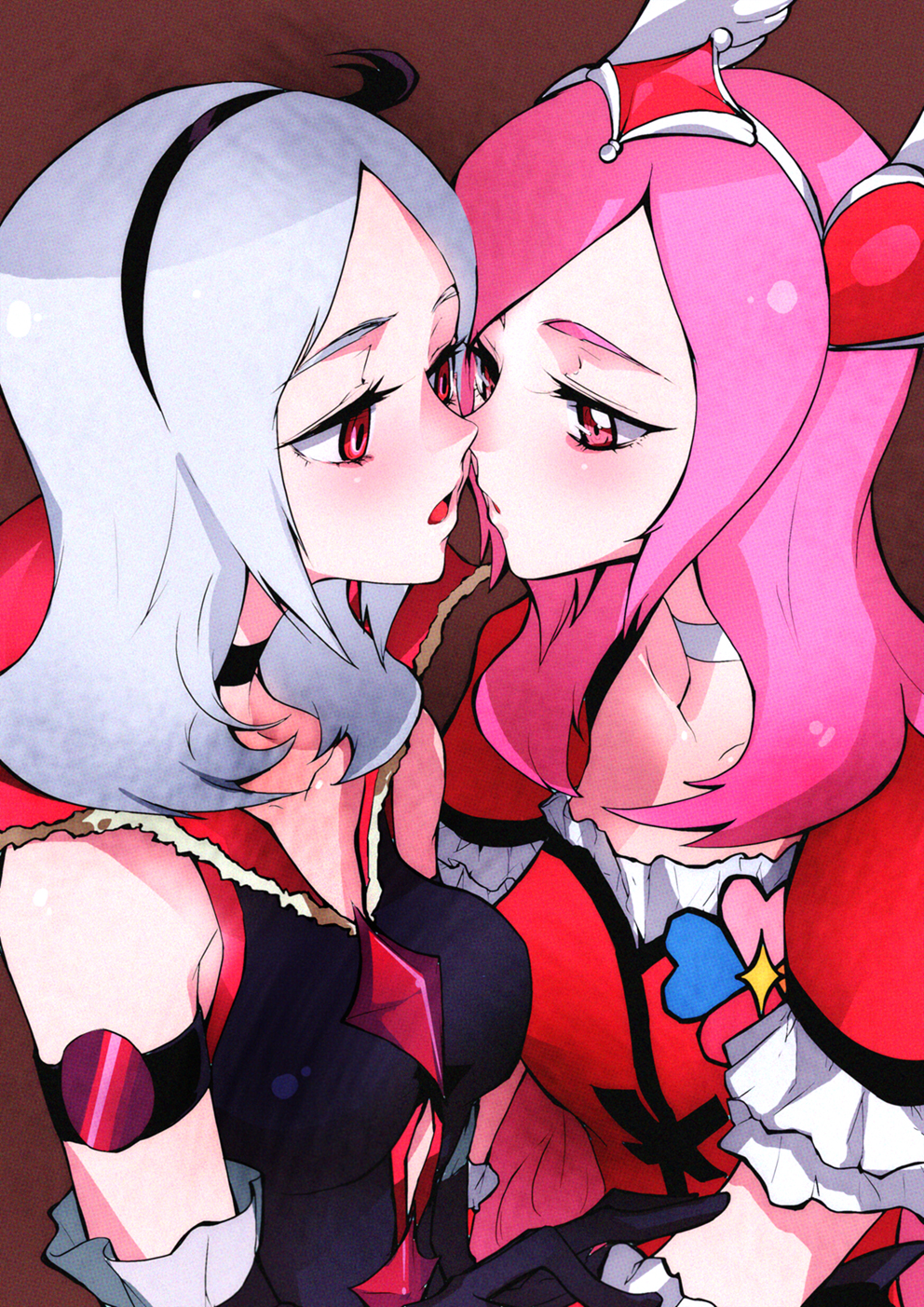 armband black_choker choker cure_passion dual_persona eas fresh_precure! gloves grey_hair hairband higashi_setsuna highres imminent_kiss long_hair magical_girl multiple_girls open_mouth pink_eyes pink_hair precure red_eyes selfcest tima time_paradox white_choker yuri