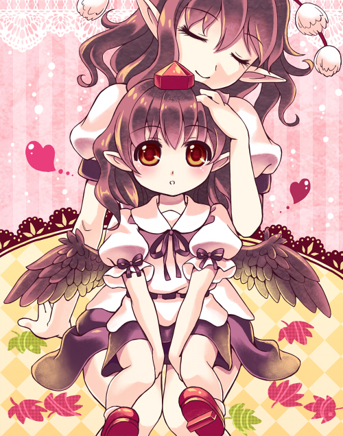 black_hair black_wings blush brown_hair child closed_eyes douji dual_persona hand_on_another's_head hat multiple_girls petting pointy_ears red_eyes shameimaru_aya sitting skirt smile touhou v_arms wings younger