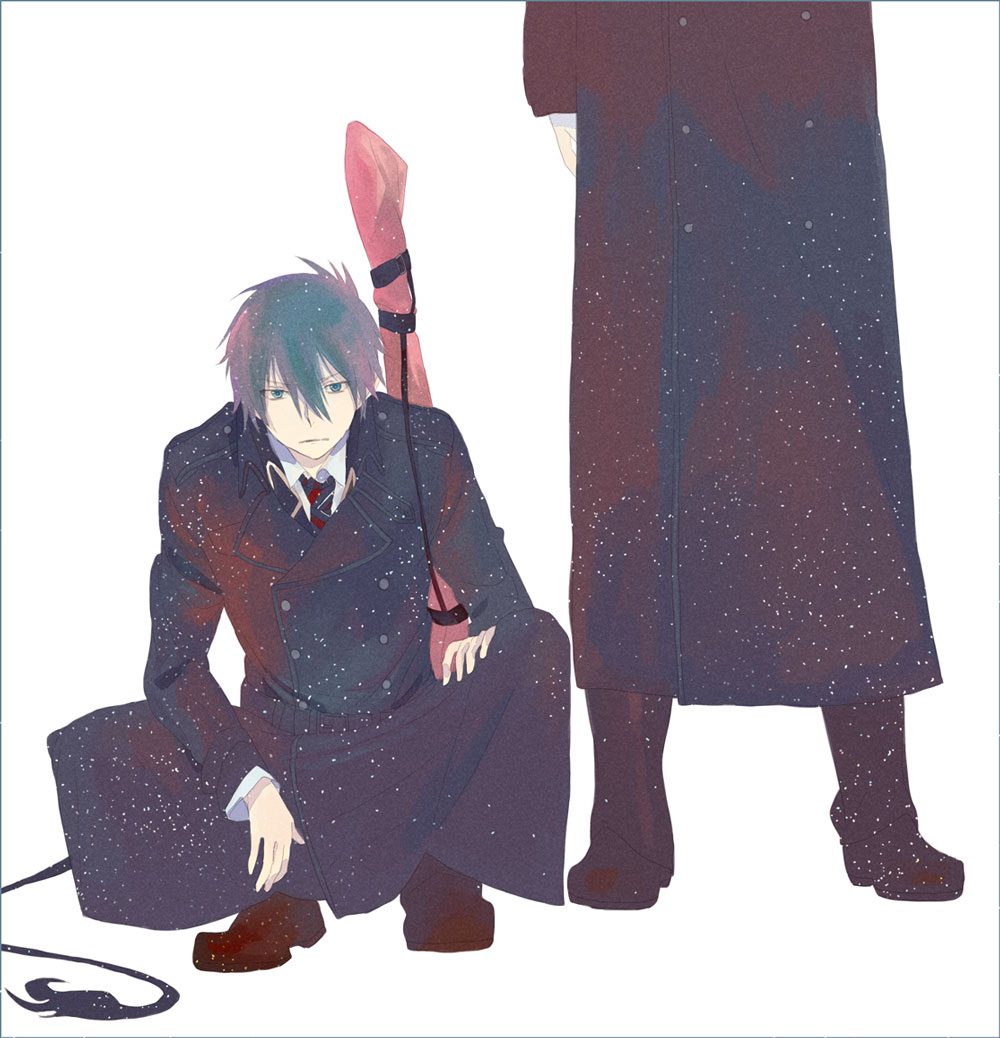 ao_no_exorcist black_hair blue_eyes coat expressionless multiple_boys necktie oka_(a.m.) okumura_rin out_of_frame solo_focus squatting striped striped_neckwear tail