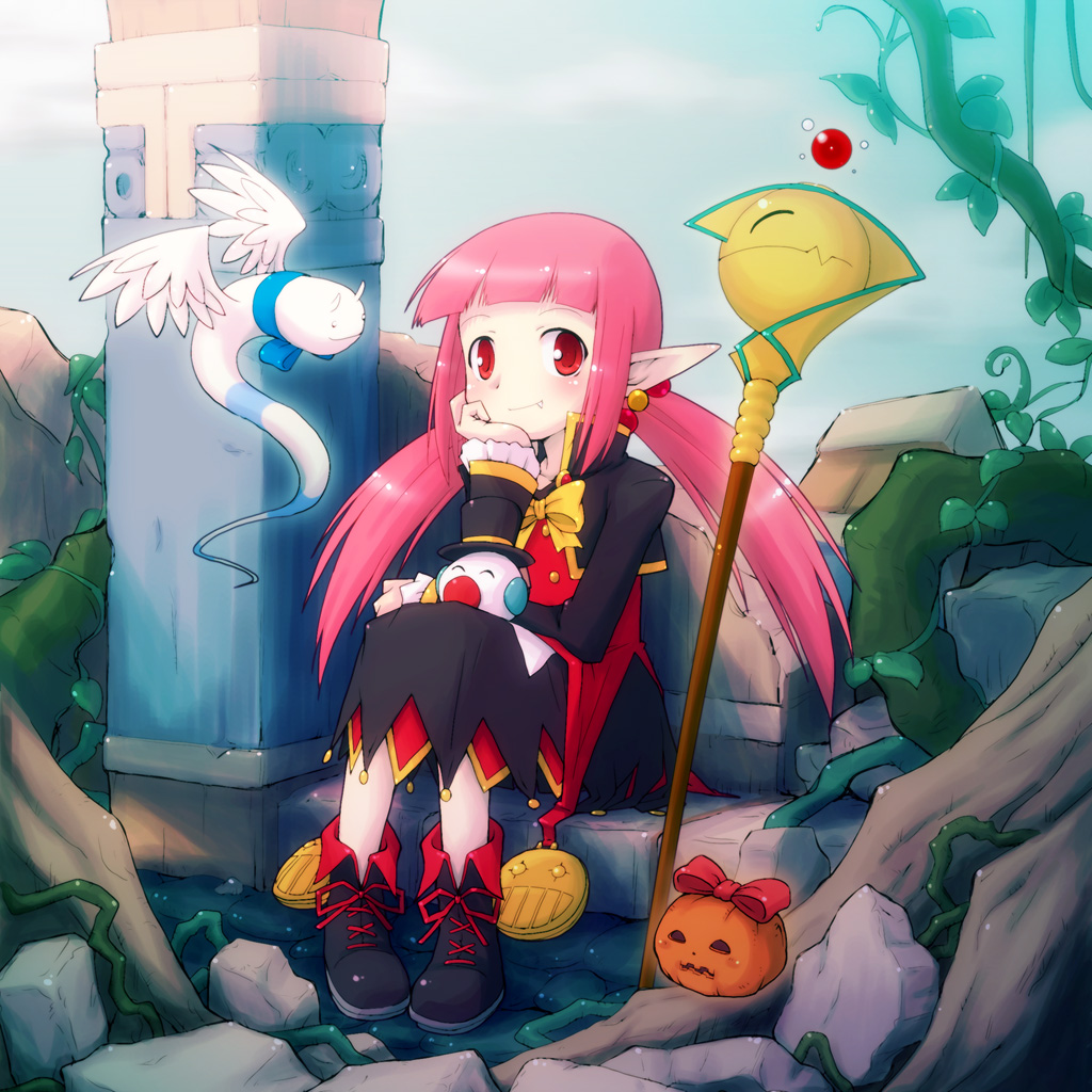 chin_rest dungeon_and_fighter fang hand_on_own_cheek hand_on_own_face ixia mage_(dungeon_and_fighter) pink_hair pointy_ears pumpkin red_eyes ribbon sitting smile solo staff twintails yoshi_(crossmind)
