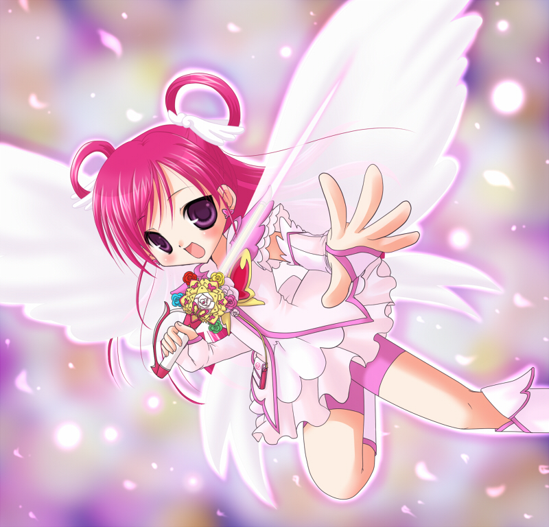 angel_wings bike_shorts boots bug butterfly cure_dream cure_fleuret dress energy_sword flower gloves hair_rings happy insect long_hair magical_girl narimiya_momone petals pink_hair pink_shorts precure purple_eyes shining_dream shorts shorts_under_dress solo sword weapon wings yes!_precure_5 yumehara_nozomi