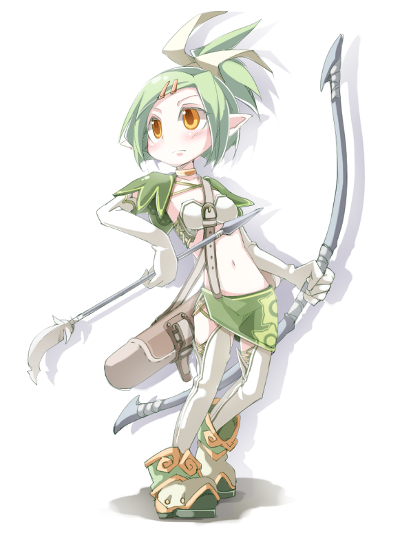 archer arrow bow bow_(weapon) female frfr full_body green_hair marksman midriff orange_eyes ranger solo weapon white_background