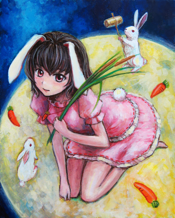 animal_ears black_hair bunny bunny_ears bunny_tail carrot carrot_necklace dress face hammer inaba_tewi jewelry moon necklace oil_painting_(medium) pendant red_eyes short_hair solo tafuto tail touhou traditional_media