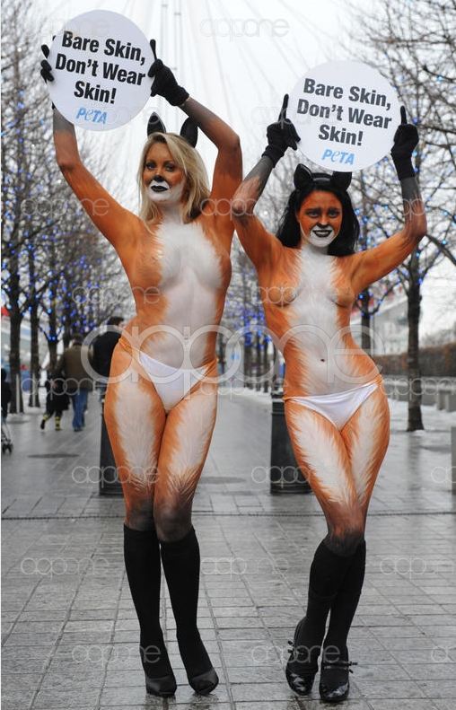 anti-fur bodypaint canine clothed clothing female finland fox human mammal peta photo protest real skimpy underwear watermark