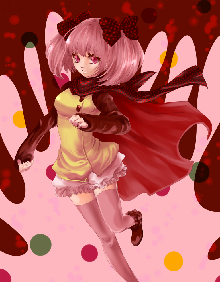 amapica bad_id bad_pixiv_id bow cape charlotte_(madoka_magica) hair_bow long_sleeves mahou_shoujo_madoka_magica personification pink_eyes pink_hair pink_legwear scarf short_twintails smile solo thighhighs twintails zettai_ryouiki
