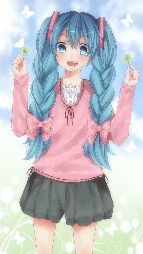 :d alternate_hairstyle bad_id bad_pixiv_id blue_eyes blue_hair blush bow braid bug butterfly cloud clover day four-leaf_clover hair_bow hair_over_shoulder hatsune_miku hinamu insect long_hair open_mouth sky smile solo twin_braids twintails vocaloid