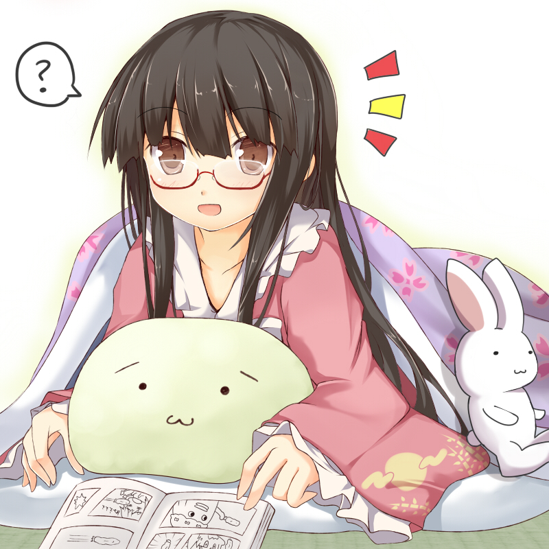 ? bad_id bad_pixiv_id bespectacled black_hair blush brown_eyes efe glasses houraisan_kaguya open_mouth pajamas pillow solo stuffed_animal stuffed_bunny stuffed_toy surprised touhou