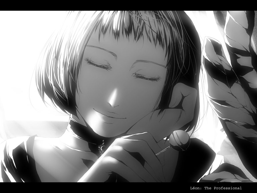 bad_id bad_pixiv_id banned_artist closed_eyes greyscale leon_the_professional letterboxed mathilda_lando monochrome s_tanly