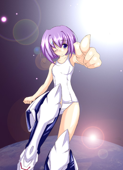 ;) armpits bare_shoulders blush exelica eyebrows_visible_through_hair foreshortening looking_at_viewer moon one_eye_closed pointing pointing_at_viewer short_hair smile solo space standing sun sunlight trigger_heart_exelica yumesato_makura