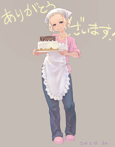apron blonde_hair blue_eyes cake food hits lowres original simple_background sleeves_rolled_up smile solo thank_you weno weno's_blonde_original_character