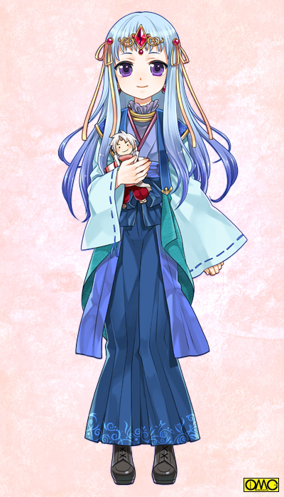 blue_hair crabu doll hair_ribbon japanese_clothes kimono long_hair omc purple_eyes ribbon smile solo