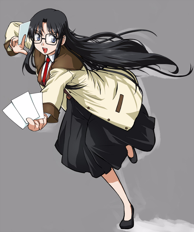 bad_id bad_pixiv_id black_hair blue_eyes coat glasses necktie open_mouth paper pirano read_or_die red_neckwear skirt solo yomiko_readman