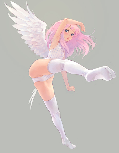 armpits blue_eyes blush feathered_wings feet foreshortening open_mouth original pink_hair simple_background solo thighhighs weno white_legwear wings