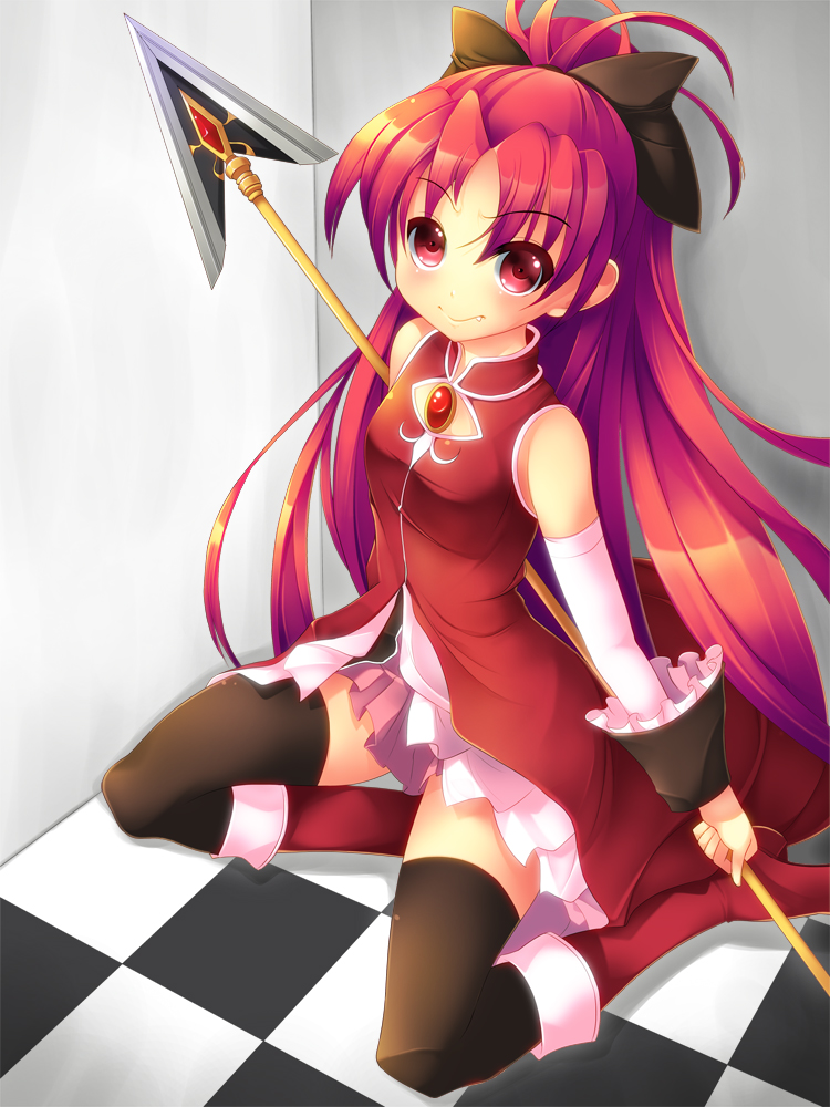 fang koflif long_hair mahou_shoujo_madoka_magica polearm ponytail red_eyes red_hair sakura_kyouko solo spear thighhighs weapon