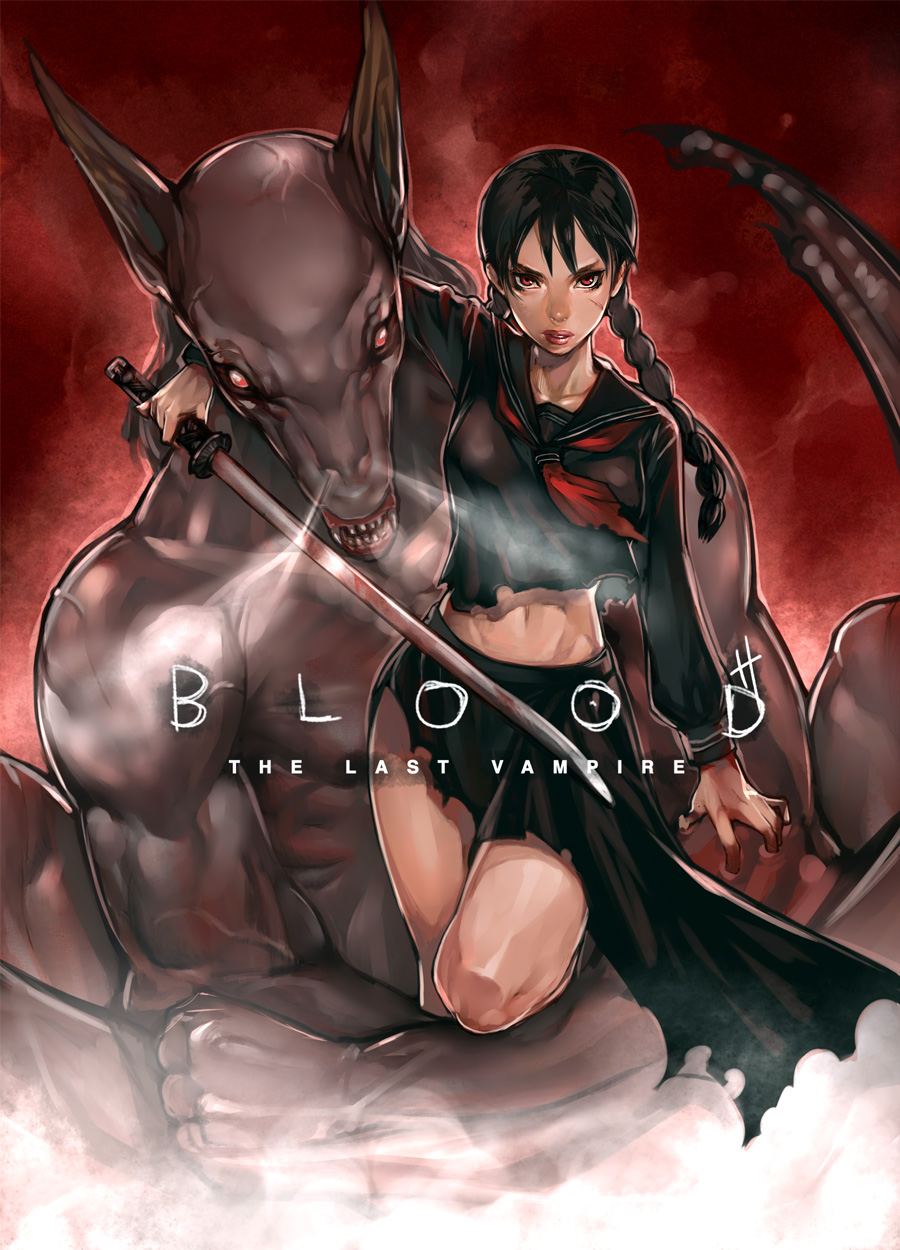 bare_shoulders black_hair blood blood_the_last_vampire braid breath crop_top crop_top_overhang cuts fang highres hitowa injury katana lips long_hair midriff monster muscle navel parted_lips pointy_ears realistic red_eyes saya_(blood_the_last_vampire) school_uniform serafuku size_difference skirt solo sword torn_clothes twin_braids vampire weapon wings