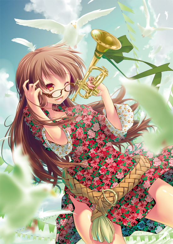 ;d animal belt bird brown_eyes brown_hair cloud day dress flag floral_print flower glasses instrument nilitsu one_eye_closed open_mouth original sky smile solo spread_legs trumpet