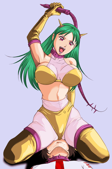 bra face_sit fangs femdom green_hair happy horns open_mouth red_eyes sex smile tagme torture whip yellow_bra