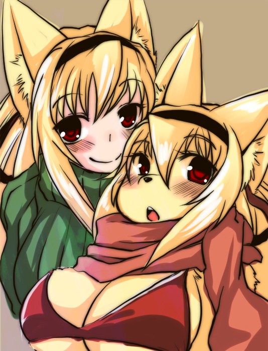 anthro blush bra breasts canine cleavage clothed clothing couple duo female fox fox_ears looking_at_viewer mammal red_eyes scarf shinobe underwear