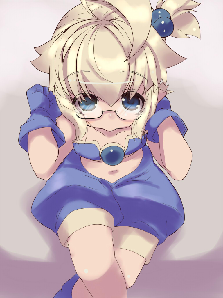 ahoge blonde blue_eyes gloves hair_bobbles havemoon loli megane navel short_hair shorts