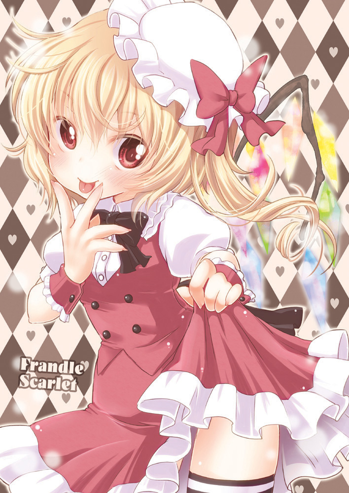 :p argyle argyle_background bad_id bad_pixiv_id black_legwear blonde_hair blush bow bowtie dress dress_lift flandre_scarlet hand_on_own_face hat heart red_dress red_eyes side_ponytail solo striped striped_legwear thighhighs tiles tongue tongue_out touhou wings wrist_cuffs yukiu_kon