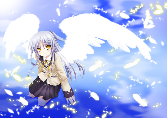 angel_beats! blazer blue_hair chibinon jacket long_hair school_uniform solo tenshi_(angel_beats!) wings yellow_eyes