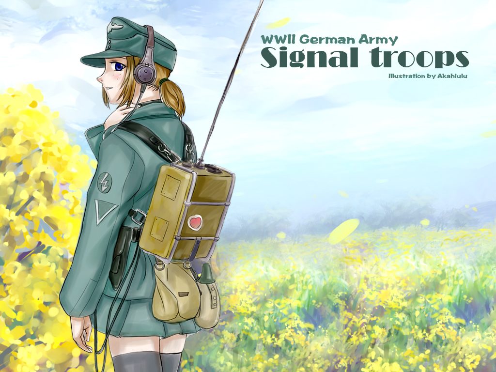adapted_uniform akahlulu artist_name bag brown_hair canteen freckles germany hat headset heart holster lightning_bolt looking_at_viewer looking_back military military_uniform original ponytail radio skirt soldier solo thighhighs uniform world_war_ii zettai_ryouiki