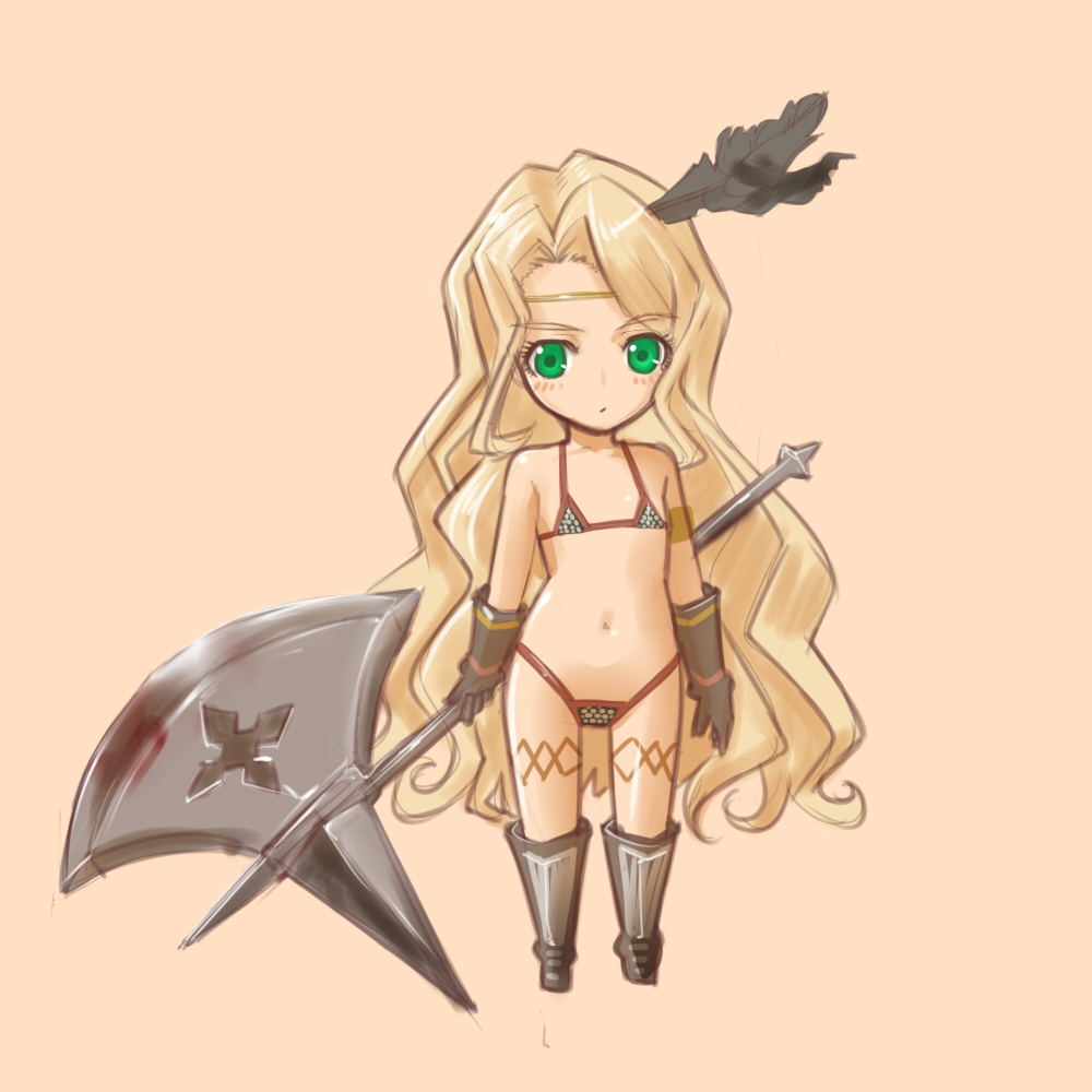 amazon_(dragon's_crown) bad_id bad_pixiv_id bikini black_gloves blonde_hair chibi dragon's_crown flat_chest gloves green_eyes halberd hayama_kazusa long_hair polearm solo swimsuit weapon