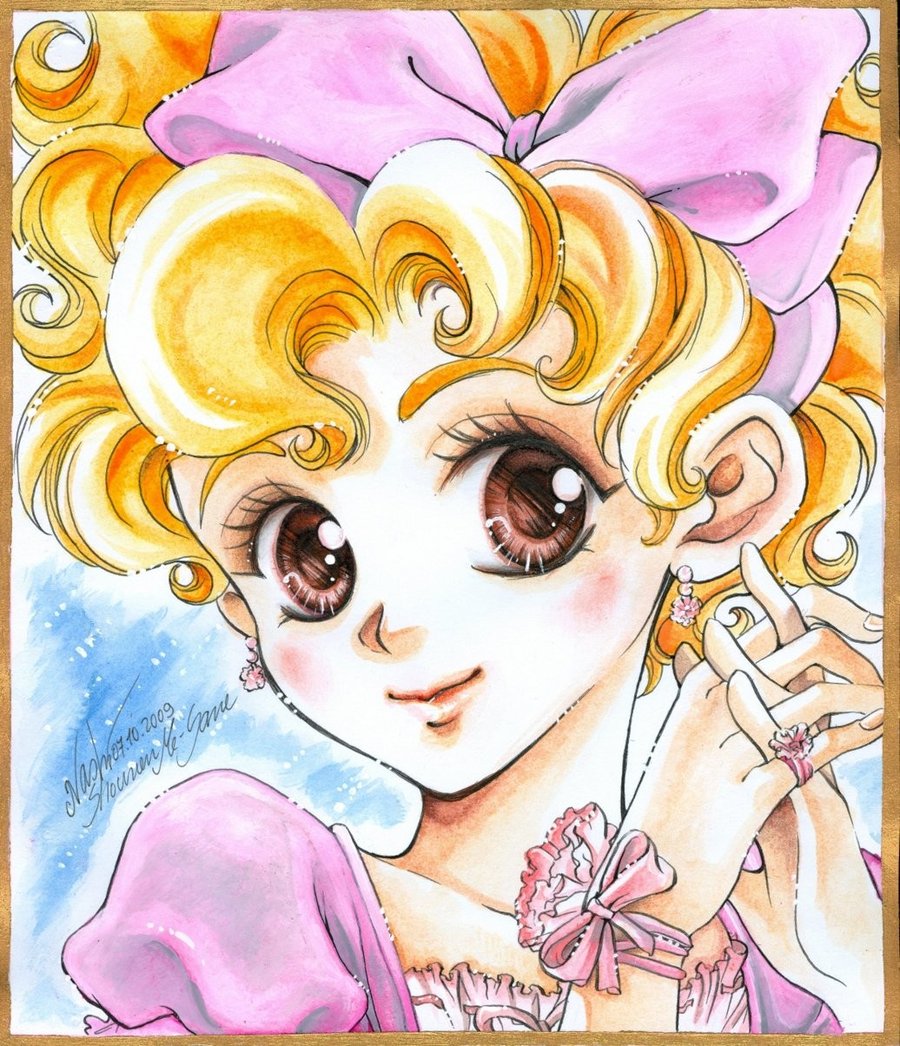 blush brown_eyes curly_hair juni nashi ribbon schoolgirl shojo short_hair smile traditional_media watercolor_(medium)