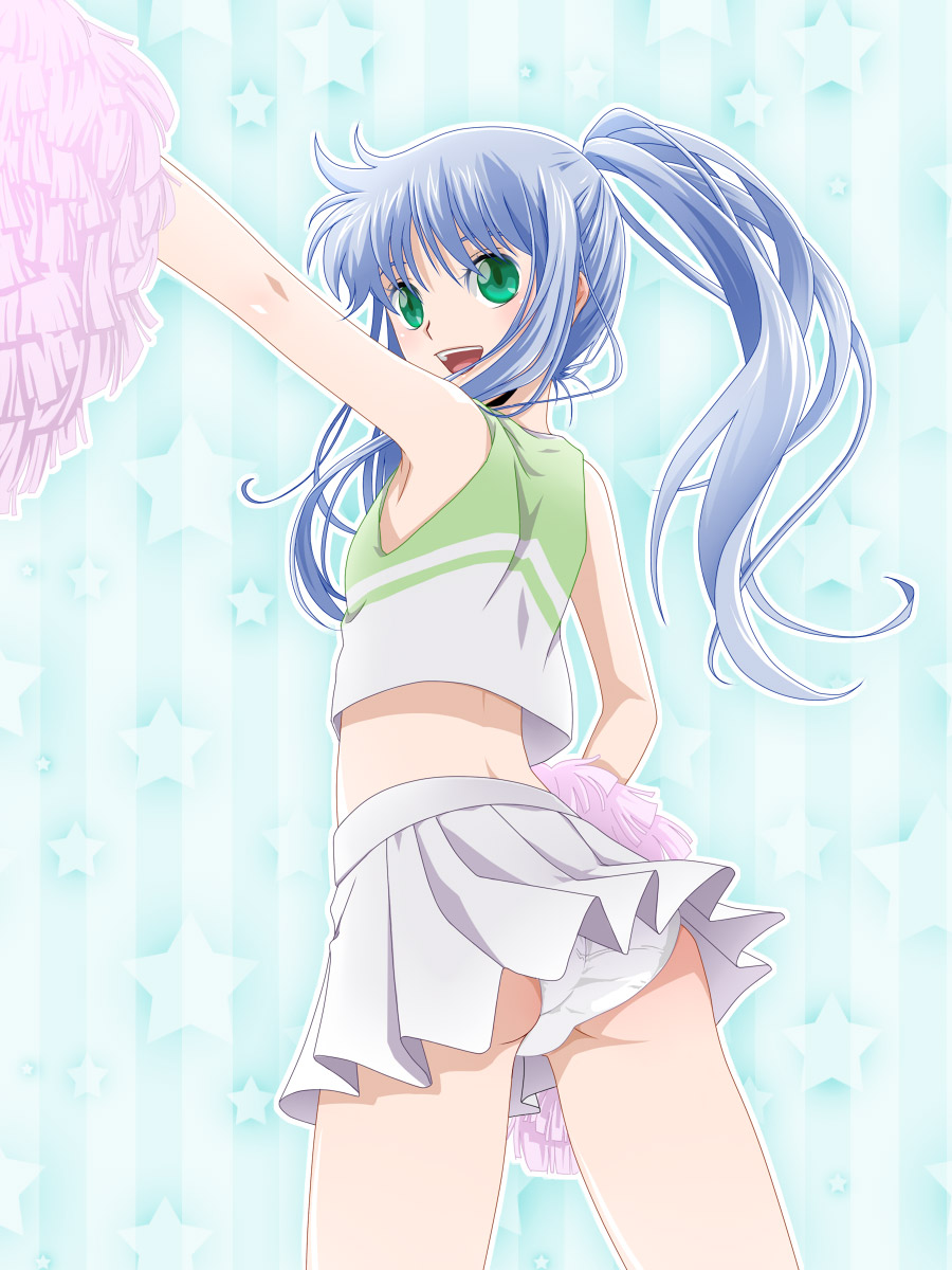 alternate_hairstyle armpits ass blue_hair cheerleader green_eyes highres index jirou_(asami0512jump) long_hair midriff miniskirt open_mouth outstretched_arms panties pantyshot pleated_skirt pom_poms ponytail skirt smile solo spread_arms to_aru_majutsu_no_index underwear white_panties wind wind_lift