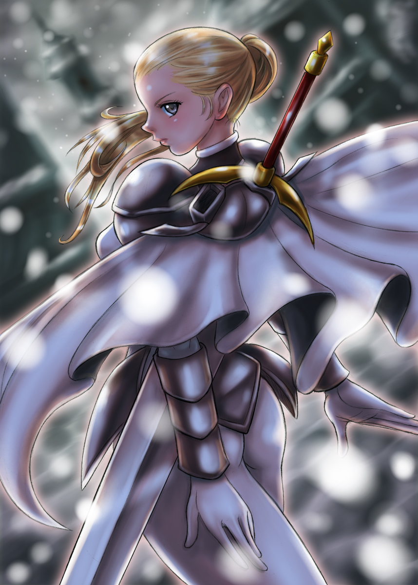 armor ass blonde_hair bodysuit boken_fantasy cape claymore claymore_(sword) flat_ass gloves highres looking_at_viewer looking_back ponytail silver_eyes snow solo sword veronica_(claymore) weapon