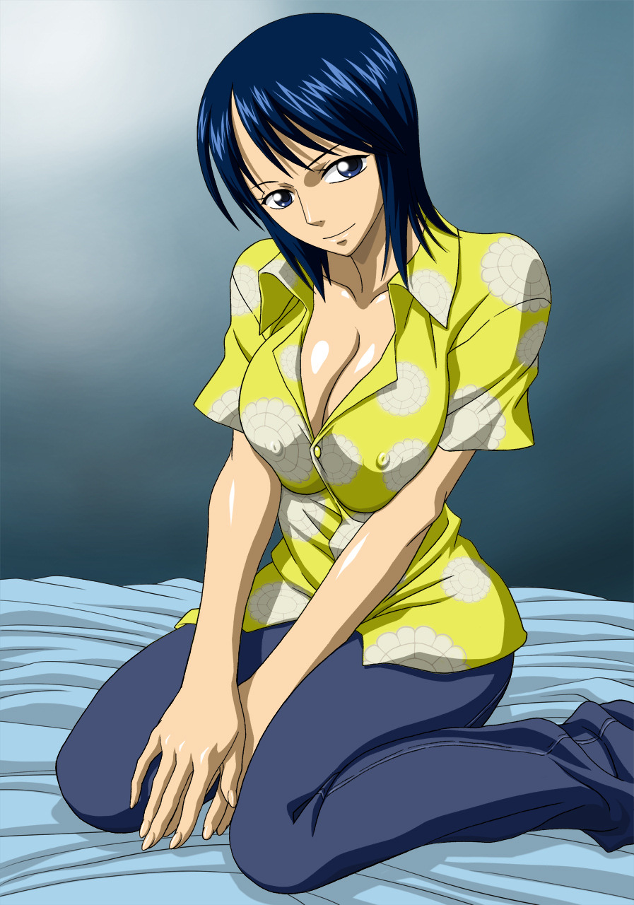 bed blush breasts cleavage covering female glasses gradient gradient_background highres large_breasts nel-zel_formula nipples one_piece short_hair sitting smile solo tashigi