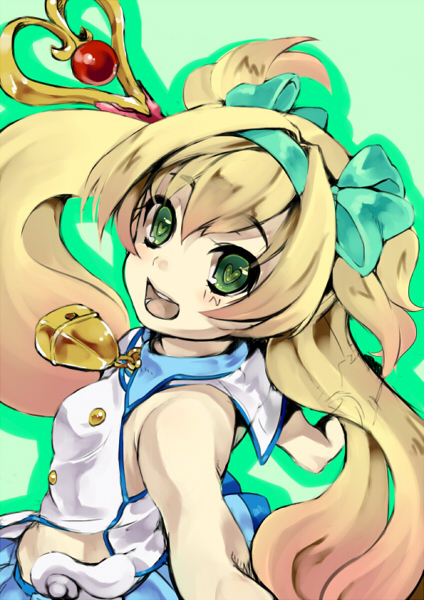 bell blazblue blonde_hair green_eyes long_hair low-tied_long_hair muchourin platinum_the_trinity quad_tails smile staff symbol-shaped_pupils two_side_up zau_(okogesan)