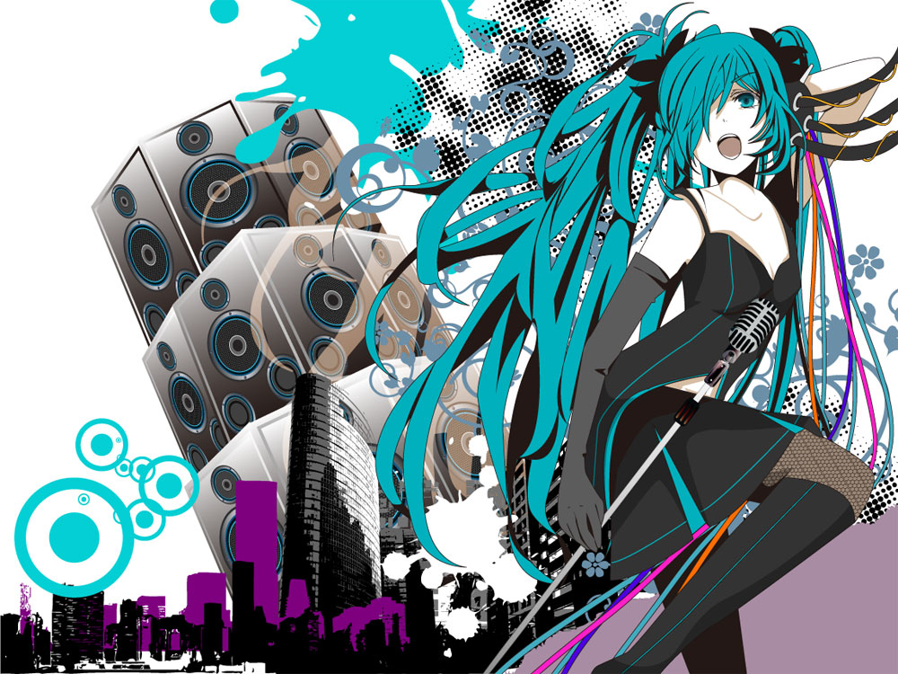 alternate_costume bad_id bad_pixiv_id cityscape elbow_gloves fishnet_pantyhose fishnets gloves hatsune_miku long_hair microphone microphone_stand pantyhose sakisato_kiriko solo speaker twintails vocaloid