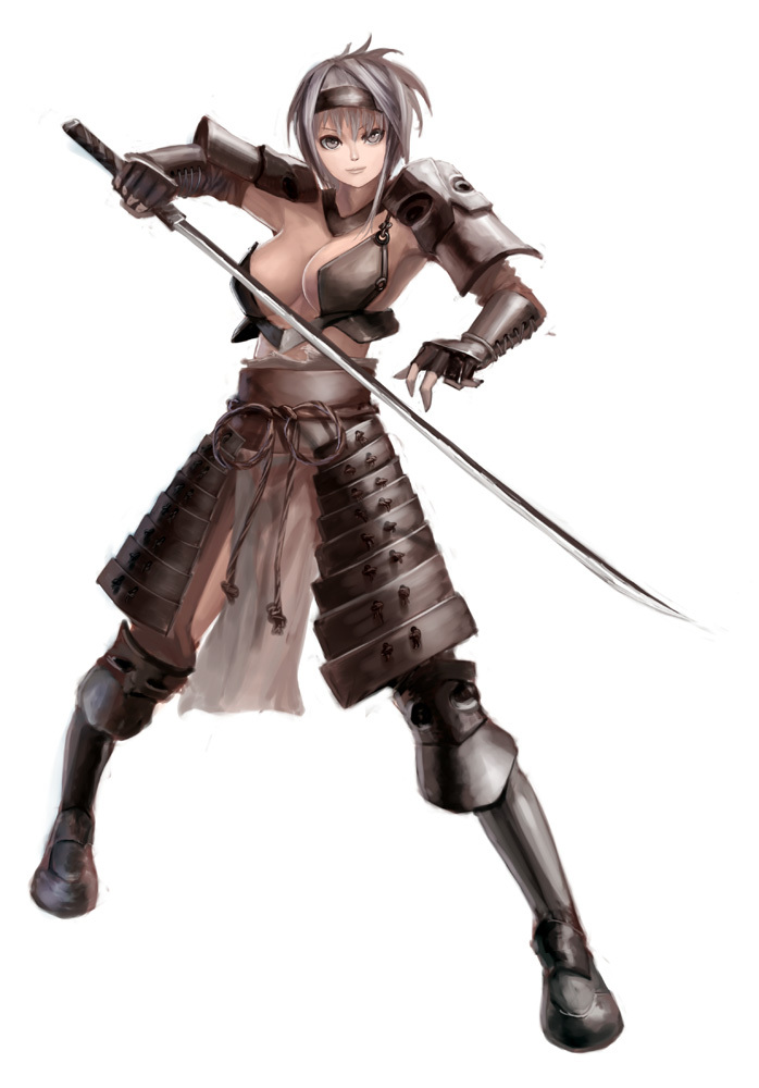 armor arumi_tomoe bad_id bad_pixiv_id bangs breasts cleavage fighting_stance fingerless_gloves full_body gauntlets gloves greaves hairband holding holding_sword holding_weapon large_breasts legs_apart light_smile looking_at_viewer original short_hair simple_background solo standing sword weapon white_background