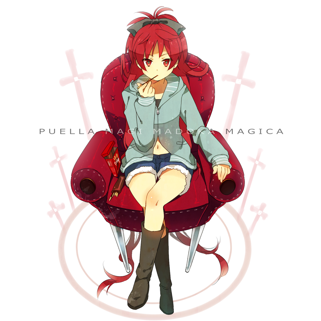 boots box chair crossed_legs easy_chair food long_hair mahou_shoujo_madoka_magica perspective pocky ponytail red_eyes red_hair sakura_kyouko sitting solo yunomachi