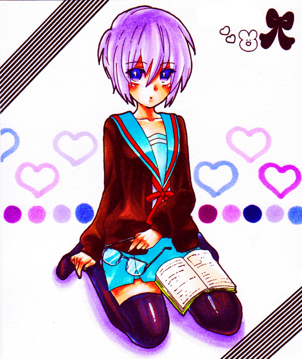 blush book cardigan heart jacket megane nagato_yuki purple_eyes purple_hair ribbon suzumiya_haruhi_no_yuuutsu tagme thighhighs