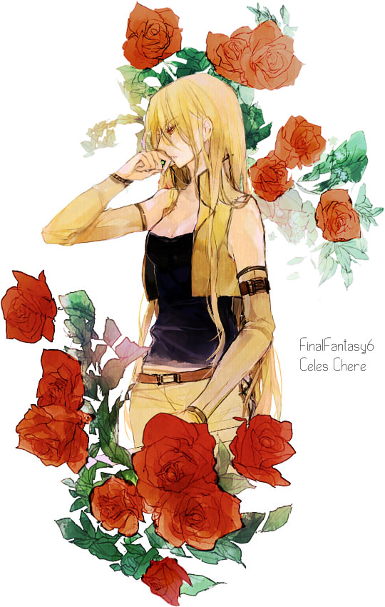 belt blonde_hair celes_chere detached_sleeves female final_fantasy final_fantasy_vi flower jacket long_hair mimic_(artist) pants plant red_eyes solo white_background