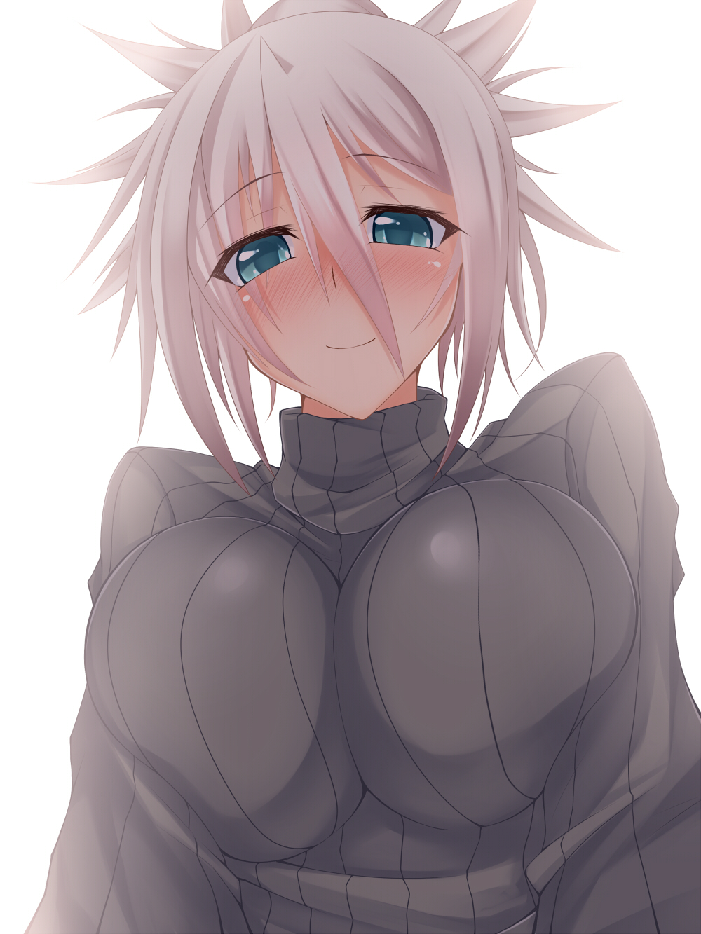 aki_(suterii) bad_id bad_pixiv_id blush breasts highres large_breasts looking_at_viewer original ribbed_sweater short_hair simple_background smile solo suterii sweater white_background