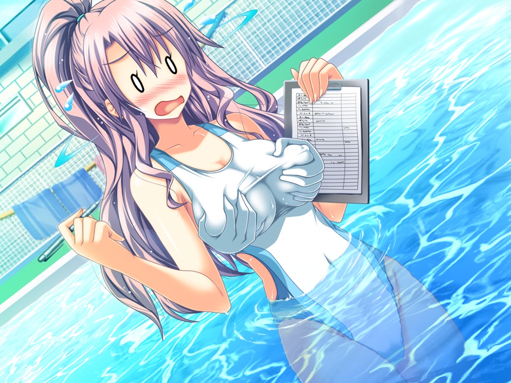 akaza breast_grab grabbing henshin_3 invisible living_clothes long_hair notebook pen pool purple_hair school_swimsuit surprise surprised surprised_arms swimsuit water white_school_swimsuit white_swimsuit