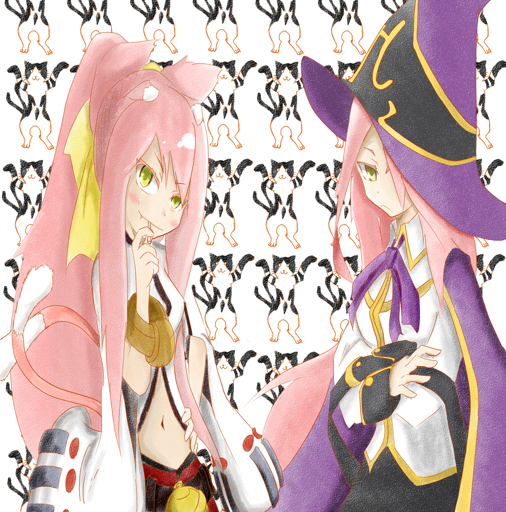 2girls age_difference animal_ears arc_system_works bell belt blazblue blush bracelet cape cat cat_ears cat_tail crossed_arms female hair_over_one_eye happy hat jewelry kokonoe konoe_a_mercury kuzira217 labcoat long_hair midriff mother_and_daughter multiple_girls multiple_tails nine_(blazblue) pants pink_hair ponytail purple_ribbon ribbon smile tail witch_hat yellow_eyes yellow_ribbon