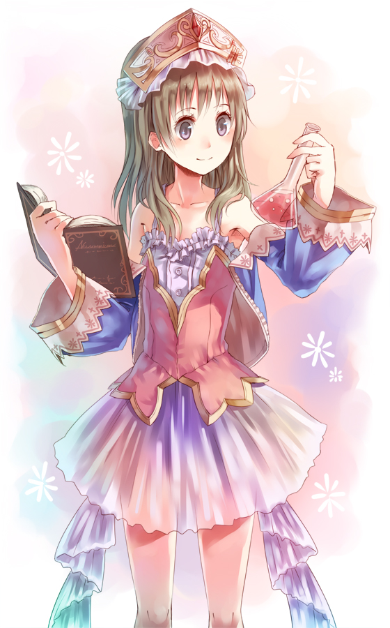 atelier_(series) atelier_totori bad_id bad_pixiv_id banned_artist blue_sleeves blush book brown_hair dress erlenmeyer_flask flask multicolored multicolored_ribbon open_book paseri ribbon smile solo totooria_helmold